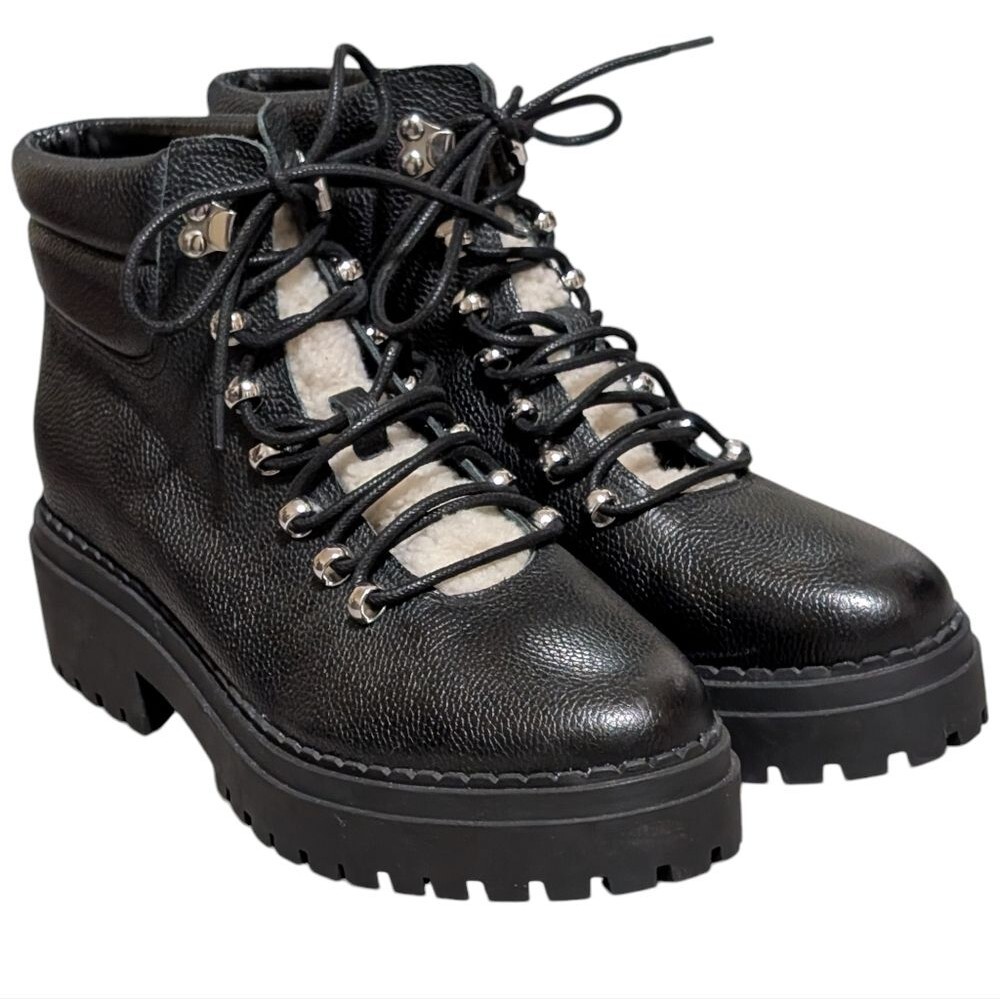 Marc Fisher black leather boot size 10M hiking lug sole faux shearling Nairy